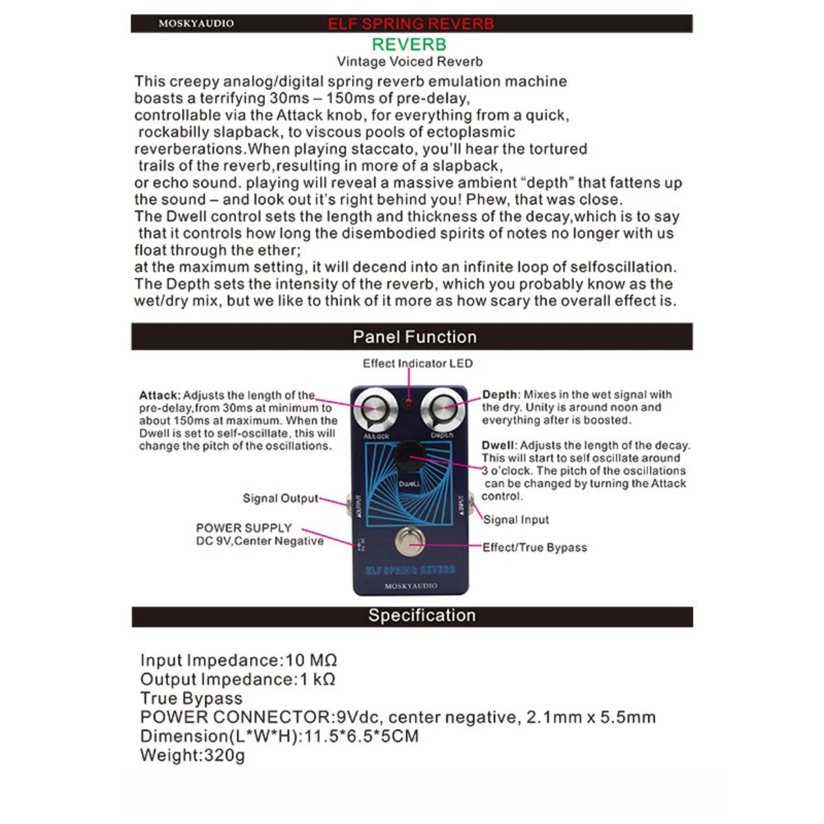 Mosky ELF Spring Reverb Effect Pedal,Vintage Voiced Reverb Guitar Pedal with Attack/Depth/Dwell Control/Guitar Effect Pedal