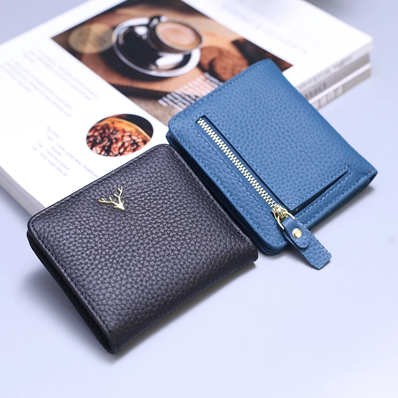 2022 New Women\'s Short Ultra Thin Mini Wallet Chic Christmas Deer Button Short Purse Ladies Genuine Leather Card Holder Wallet