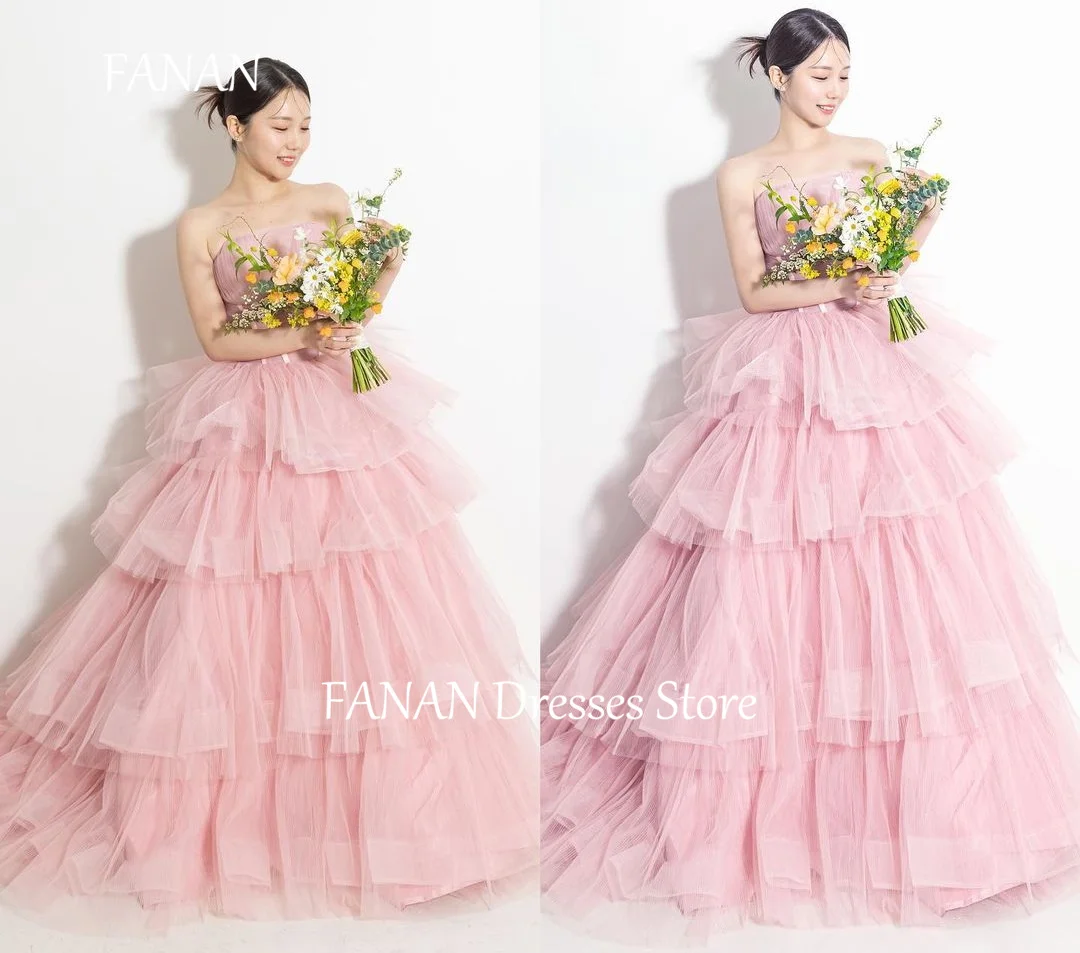 

FANAN Strapless Sleeveless Tulle Evening Party Dresses Pink Tiered Korea Corset Wedding Women Formal Gowns Event Prom Gowns