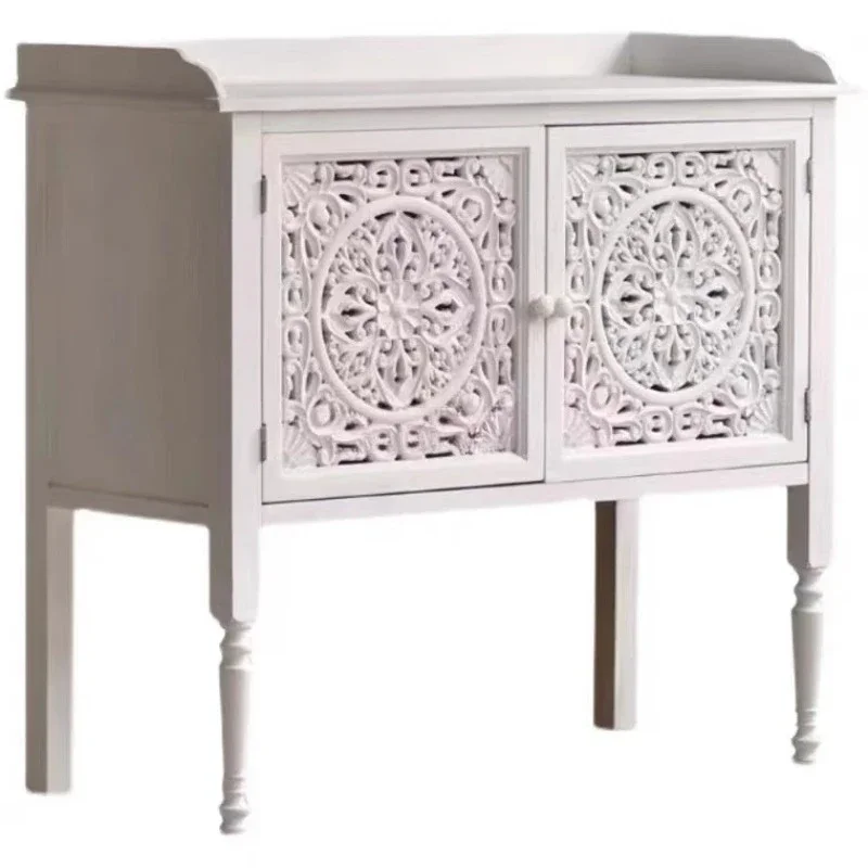 02European American rural idyllic white wood carved porch low dining side cabinet