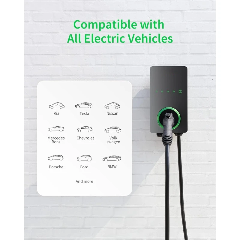 Charger up to 50Amp, 240V, Indoor/Outdoor Car Charging Station, Wi-Fi and Bluetooth Enabled EVSE, Flexible 25-Foot Cable