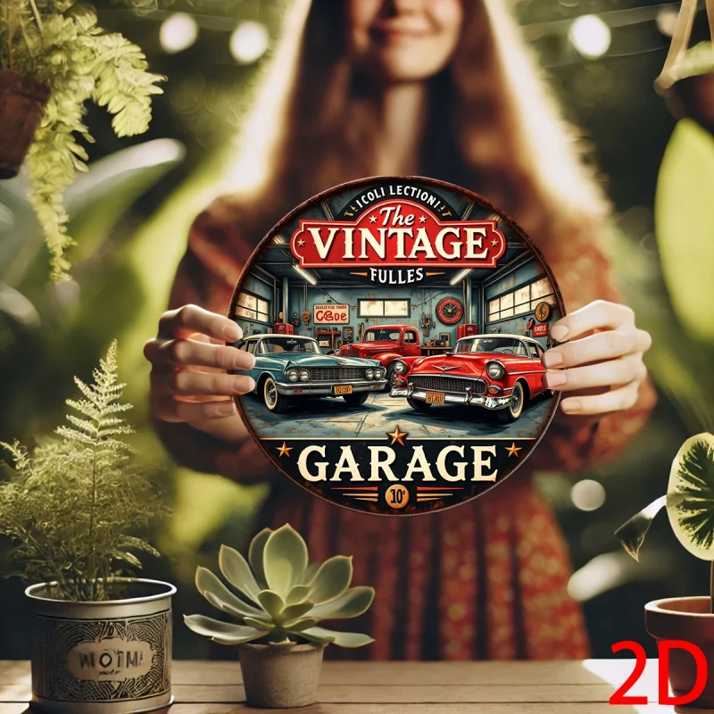 لوحة حائط مستديرة من الألومنيوم مسطحة عتيقة ثنائية الأبعاد - لافتة معدنية للمرآب القديم مع تصميم كلاسيكي للسيارات والأدوات، ديكور أمريكانا للحانات #2