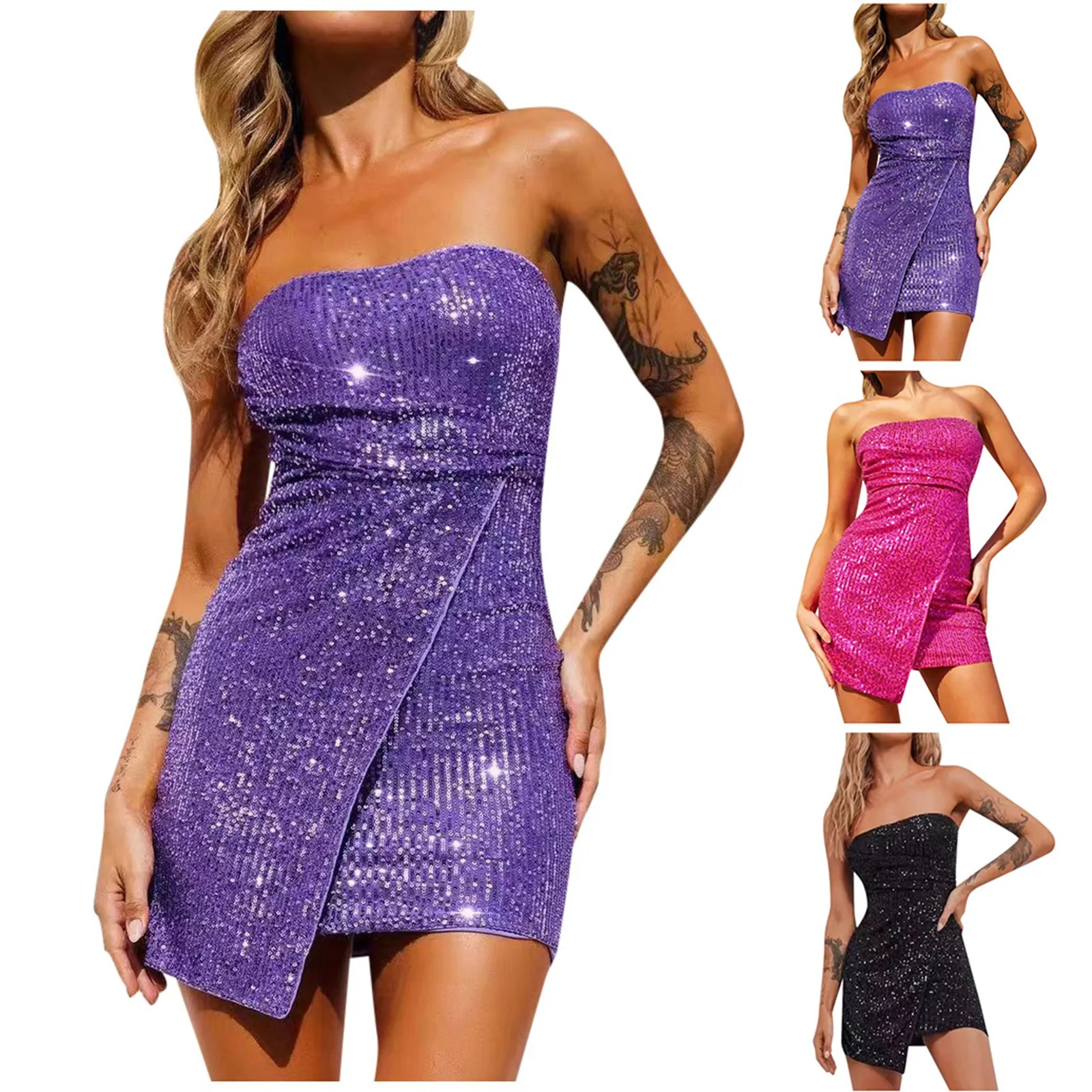 Women Sequins Dress Strapless Off Shoulder Dresses Wrap Bandeau Party Mini Dress Cocktail Beach Streetwear Aesthetic Clothes