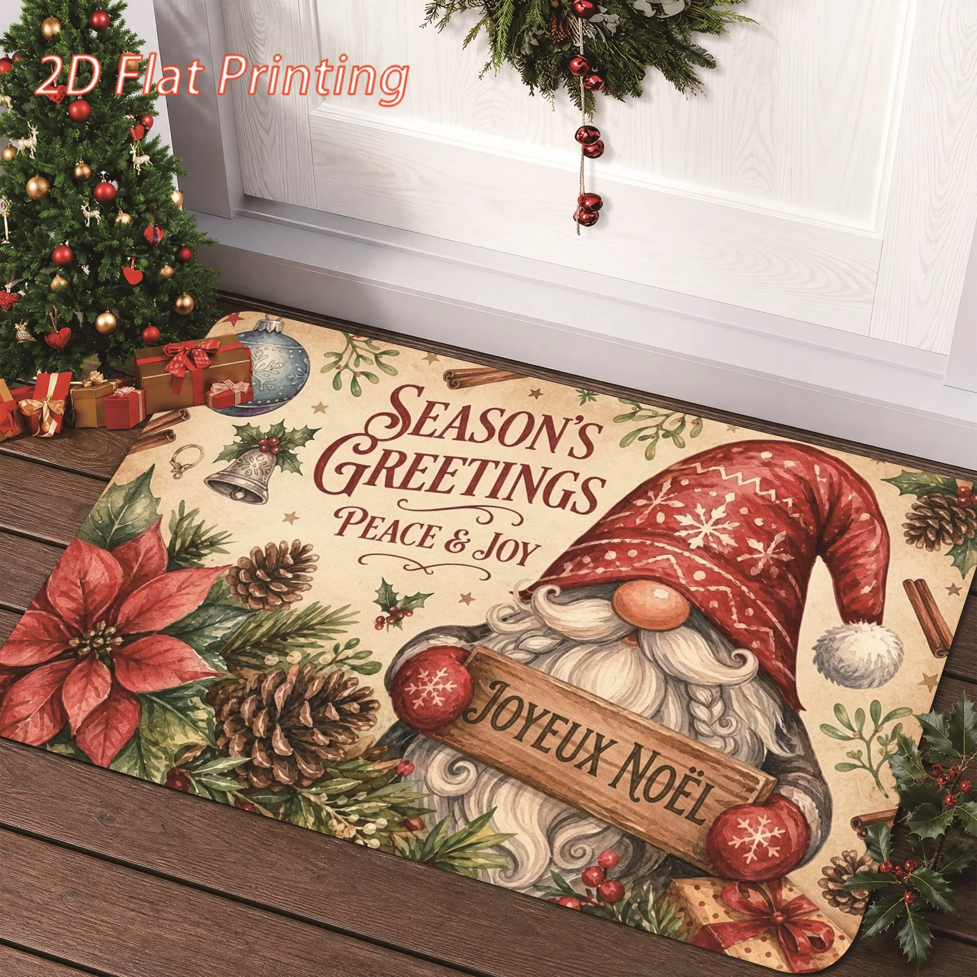 Retro Holiday Greetings Doormat Snowman Bell Vintage Stamp Print Floor Mat Indoor Entrance Xmas House Accessory