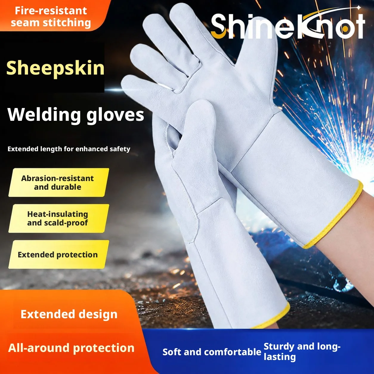 SHINEKNOT Long Single-Layer Genuine Leather Gloves Wear-Resistant Welded Thickened Heat-Insulating Protective Gloves