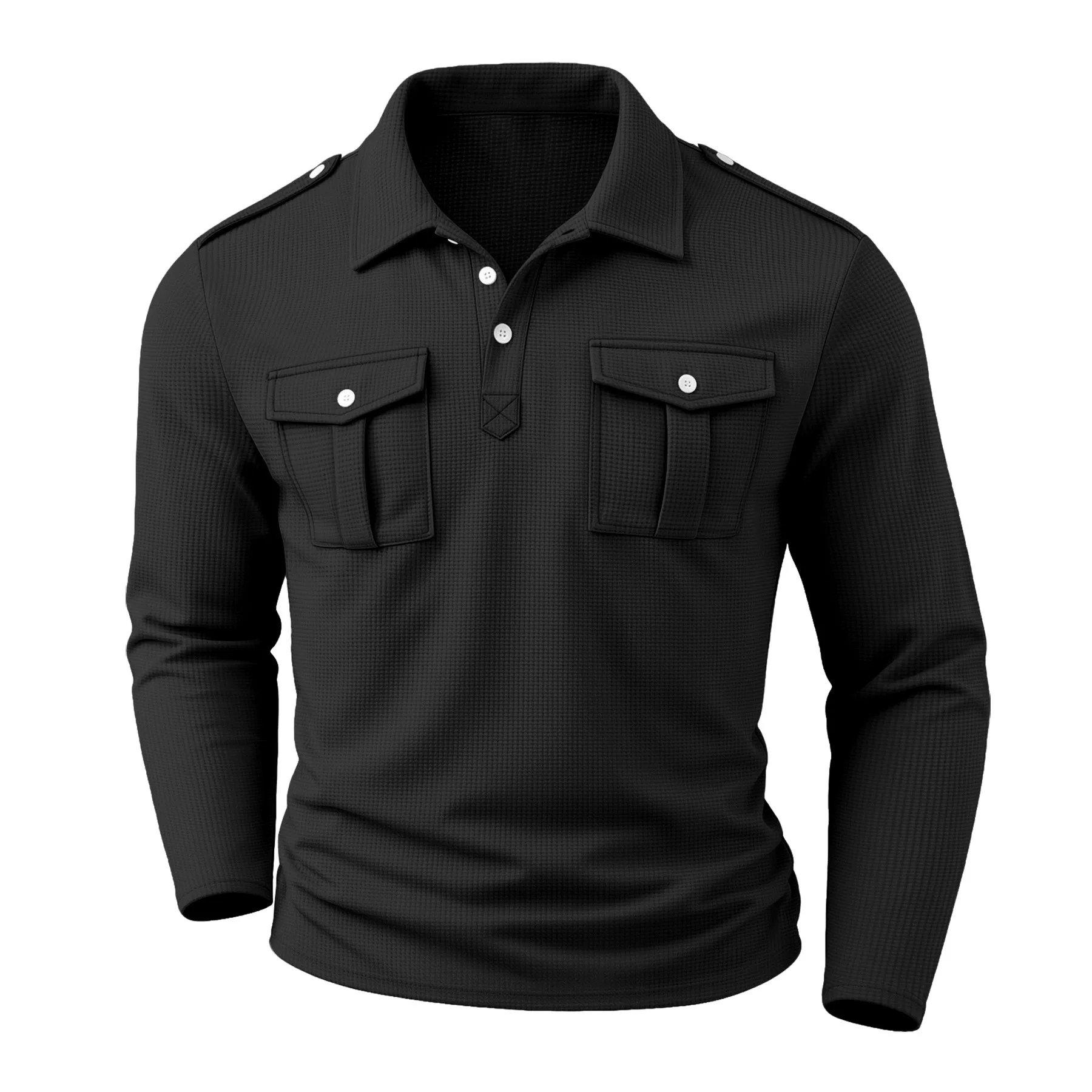 Fall Men Waffle Lapel Long Sleeve Polo Solid Color Multi Pocket Cargo Pullover Casual Breathable Mens Shirt