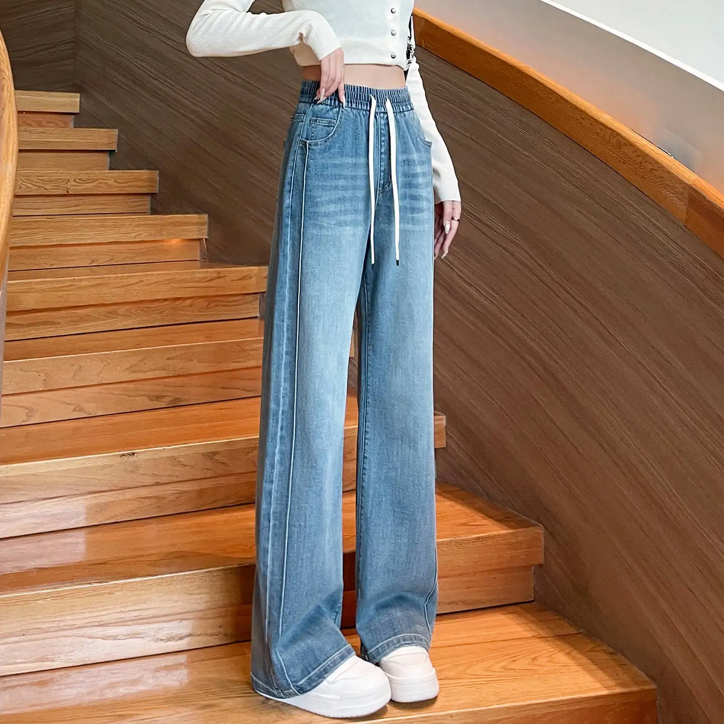 

Новые свободные узкие прямые широкие джинсы с высокой талией и эластичной резинкой на талии для похудения больших размеров, свободные синие джинсы с завязками, большой размер