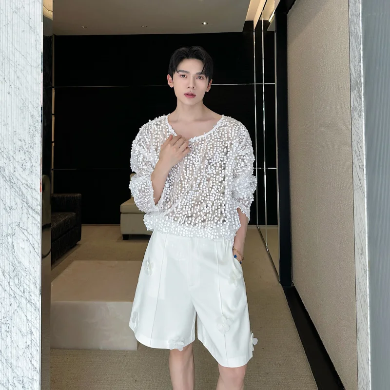 

Men's Long Sve T-irt irt Sequin Me See-tough Stage Performance Two-piece Set Loose Fit Korean Sle Polyester Fiber