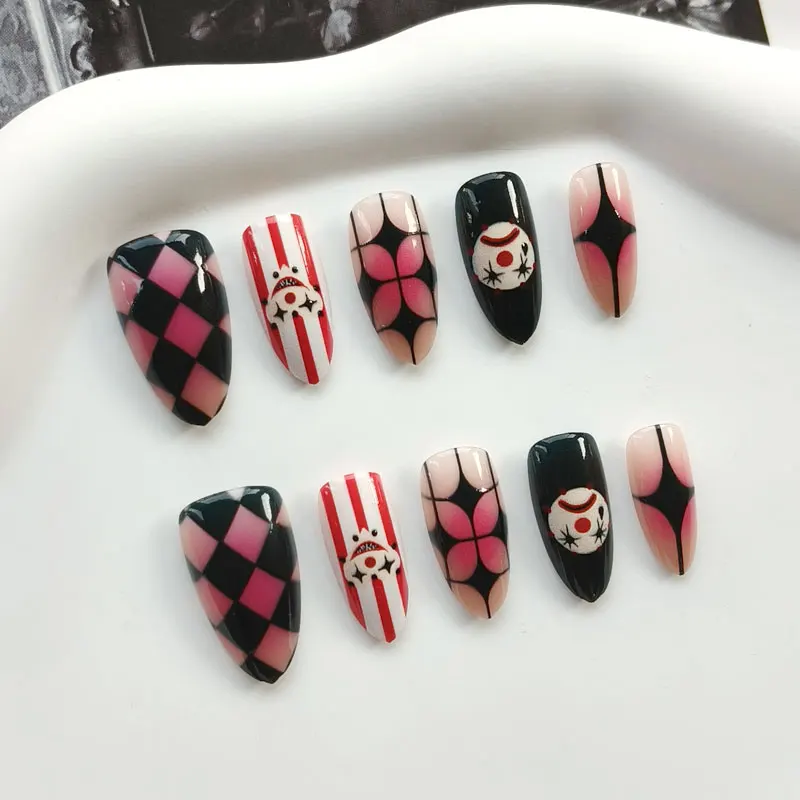 10 Stück niedliche, verspielte Clown-Maske, zum Aufkleben, künstliche Nägel, für Mädchen und Damen, abnehmbare Nagelspitzen, Karneval, süß, cool, Party – Detail 8