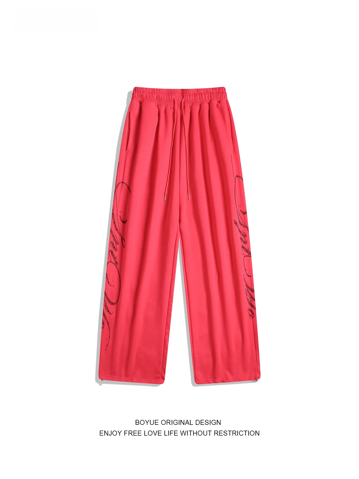 

Boyue American Sle Wide Leg Sweatpants with Dstring Casual Street Dance ex Long Trousers Red Rhinestone Leisure Pants