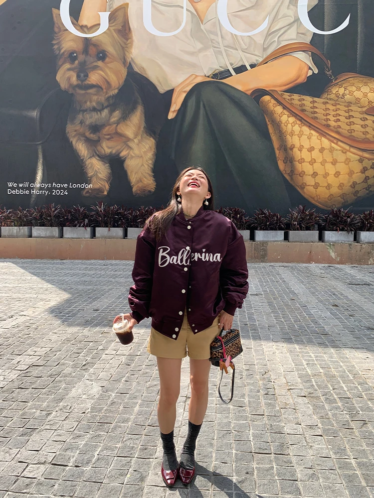 

Thiened Baseball Jaet Women's Autumn Winter ort Coat Chic Small Size Commute Sle Loose Fit Embroidered Long Sve