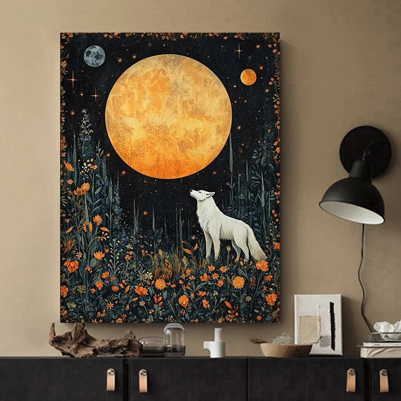 Multiple sizes 1pc frameless Canvas Painting,White Wolf Full Moon Floral Wildflower Poster and Prints Canvas Painting Wall Art P