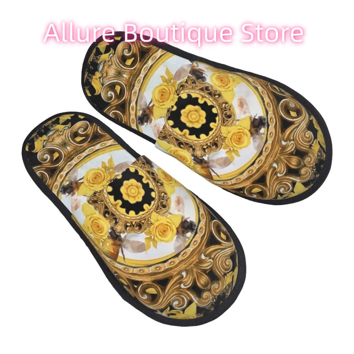 مخصص الوردة الصفراء والنحل خمر Kitsch الباروك الأوشحة مريح جرجر رغوة الذاكرة النعال النساء سبا أحذية منزلية