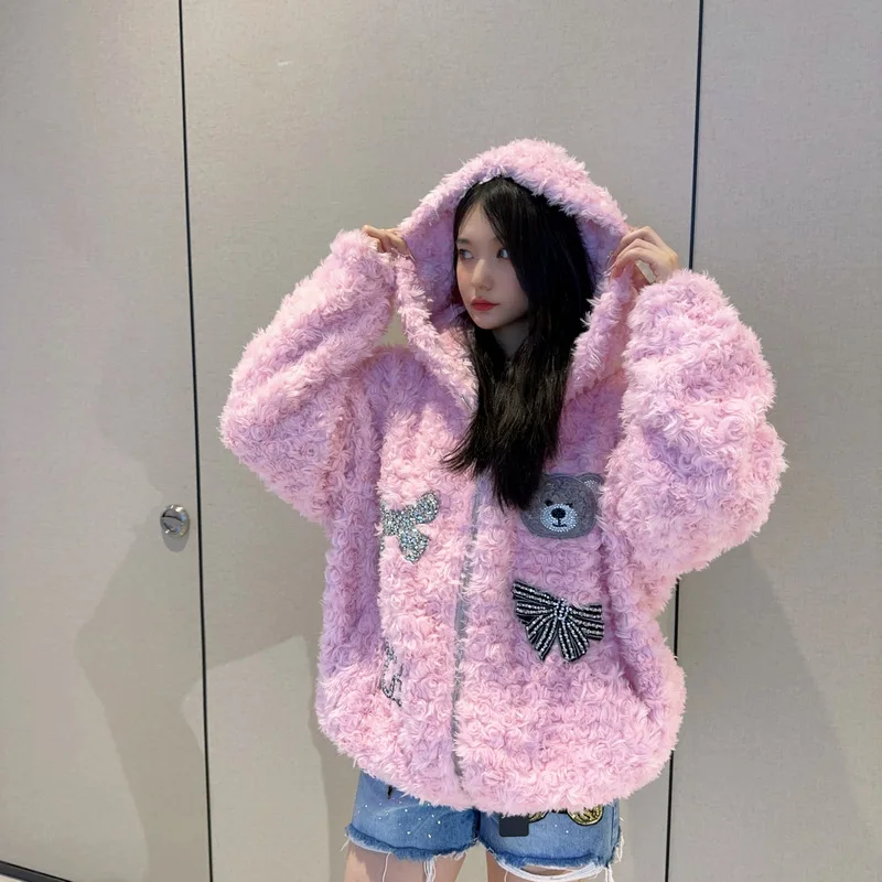 Fashion Cute Furry Coat Women 2023 Fall Winter Hooded Pink Rhinestone Bear Handmade Bead Long Sleeve Zipper Coat Female Students