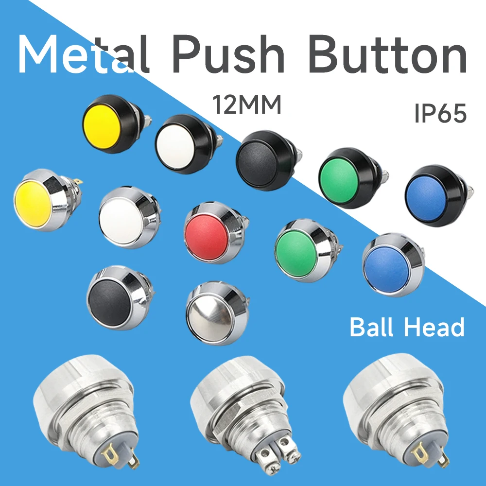 12mm metal self resetting button 1NO color large ball head spherical point power supply screw foot silver contact button switch