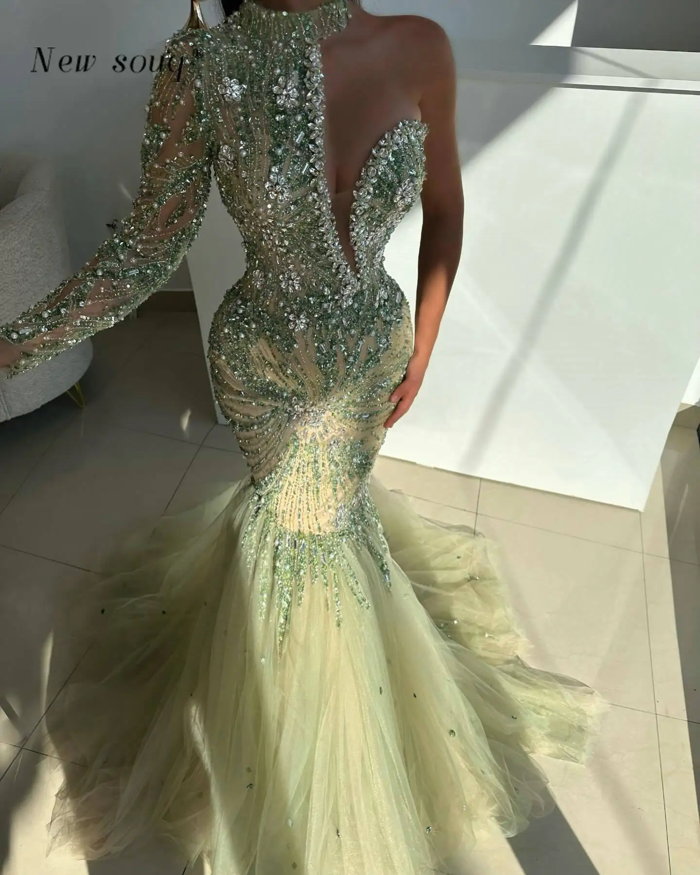 Light Green Sexy One Shoulder High Neck Crystals Beaded Mermaid Evening Dresses Arabic Sparkle Prom Night Party Gowns Robes