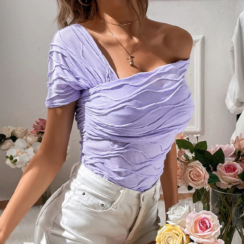 

Gidyq Sexy Off Shoulder Women T Shirts American Style Fashion Patchwork Slim Tops Summer Casual Female All Match Folds Slim Tees