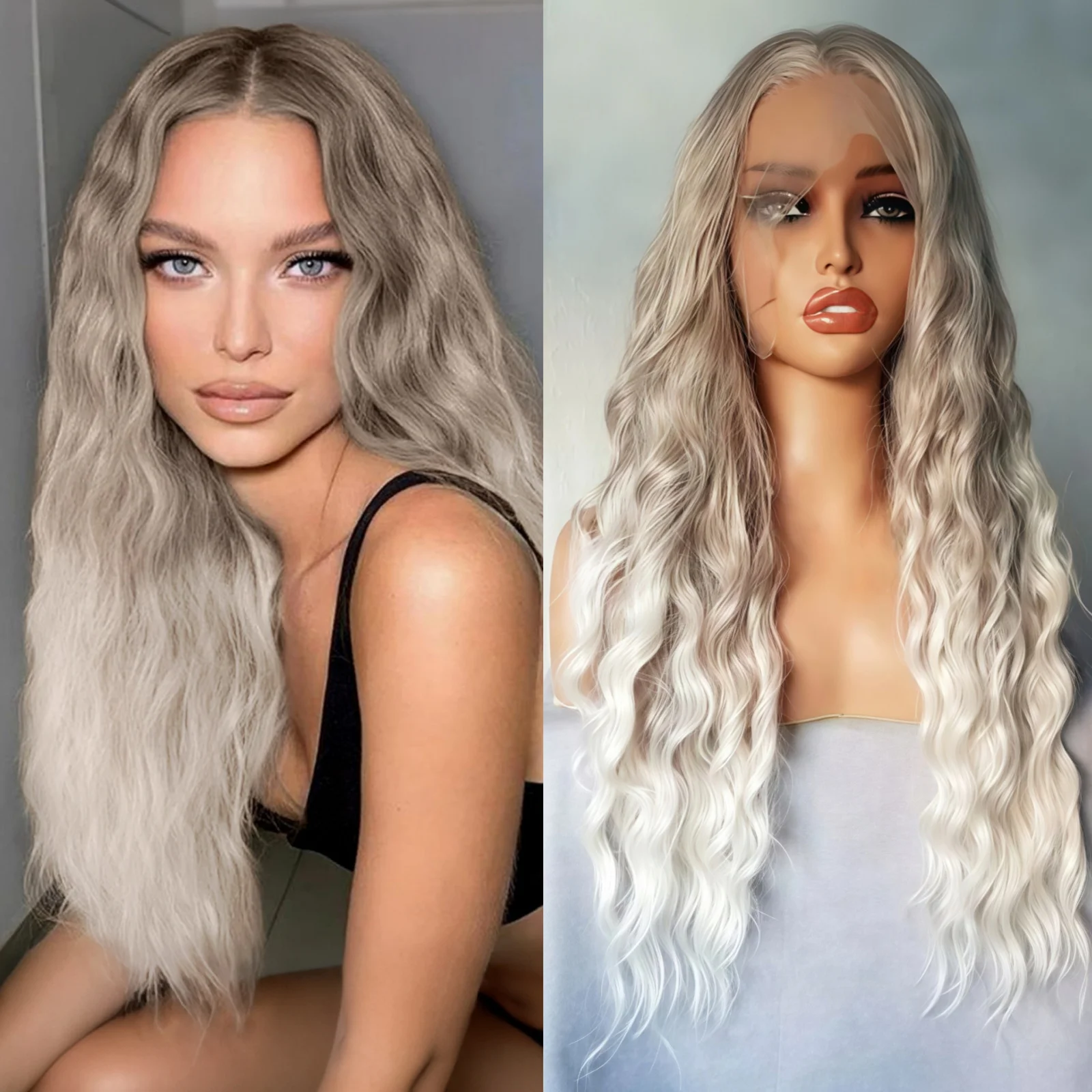 

Long Ombre Blonde Curly Wavy Wig for Women Synthetic Hair Free Part Loose Curly Highlight Colored Wigs for Daily Party Cosplay