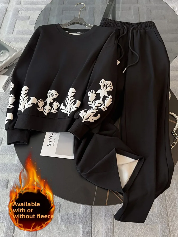 

Winter High-End European Style Women's Fleece-Lined Thickened Casual Sportswear Set Black Hoodie Wide Leg Pants Two-Piece Trendy