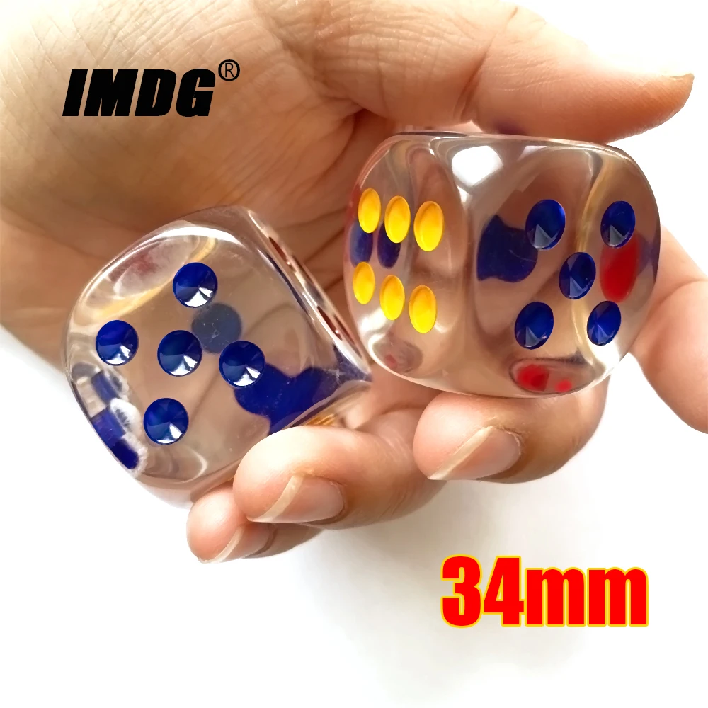 2pcs/Pack Transparent Acrylic Dice 34mm Multicolor #34 Dot Round Corner High Quality Boutique Flying Chess Game Dice