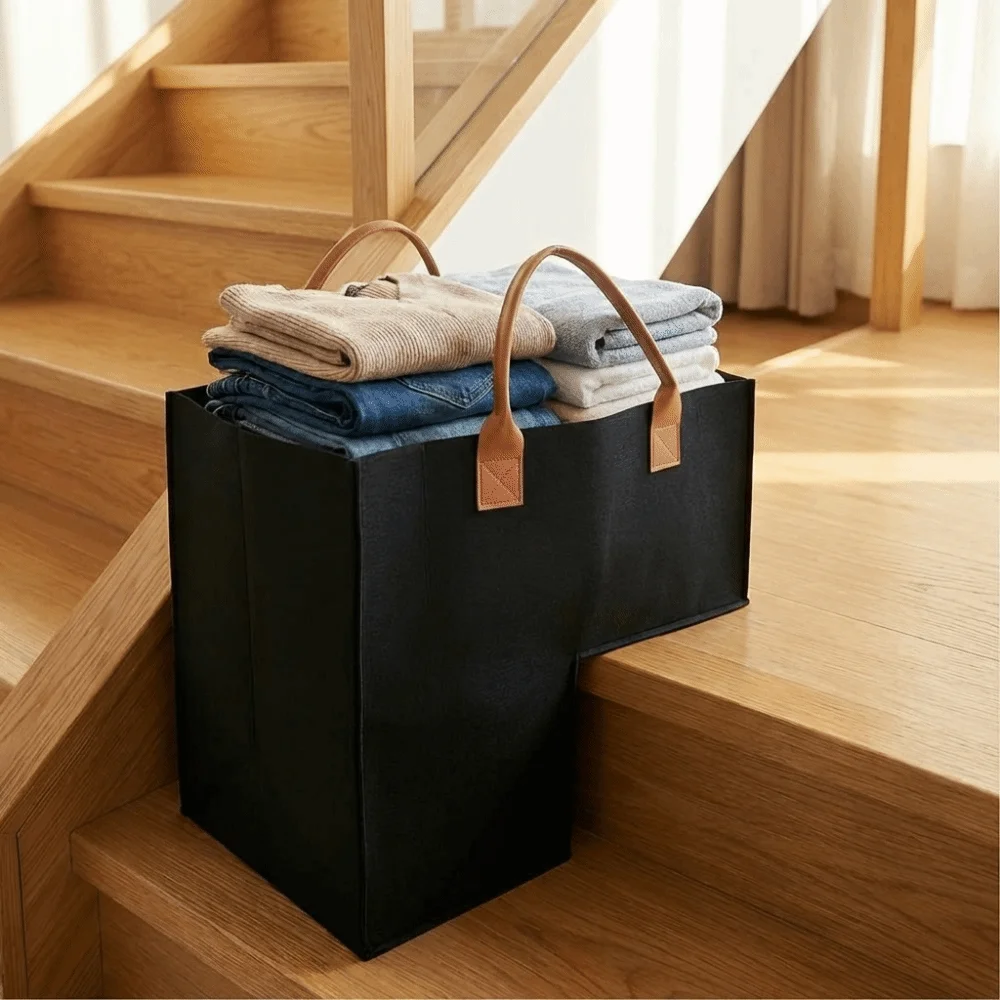 Large Capacity L Shaped Felt Basket Space Saving Folding Ladder Basket with Handles Washable Staircase Basket for Home