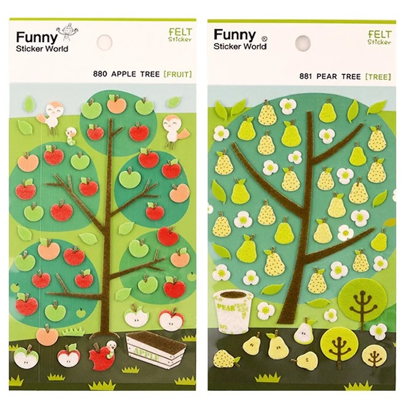 Cute Felt Apple Pear Tree Stickers Korean Origin Fabric Journaling Sticker for Scrapbooking DIY Handwork Craft Supplies