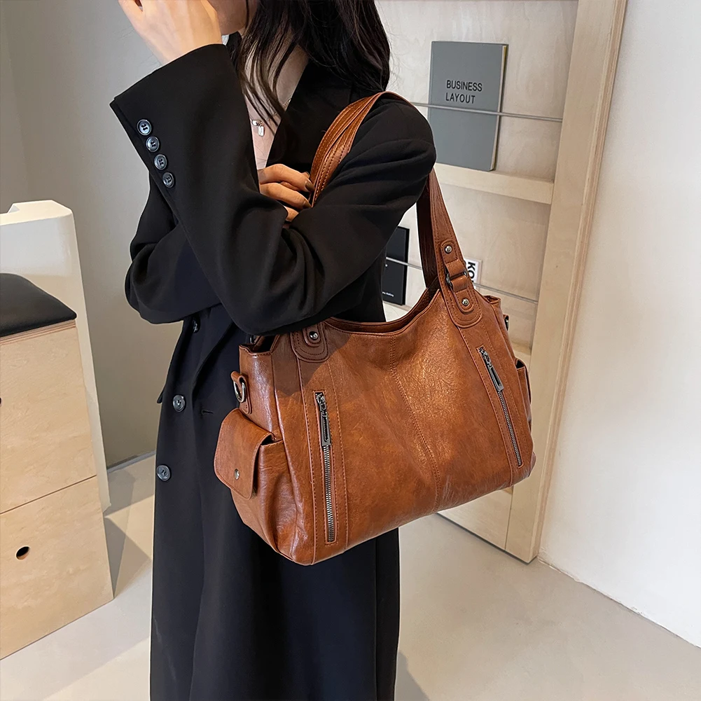 

Shoulder Bag for Women with Multi-Pocket Tote Bag PU Leather Zipper Messenger Bag Trendy Retro Crossbody Handbag for Work Travel