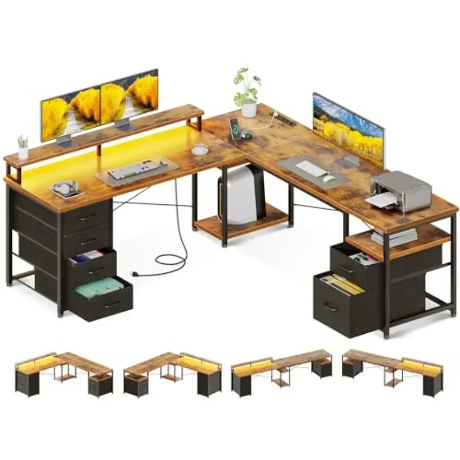 L-shaped computer desk for home office use, engineered wood in white, reversible design with file cabinet, 4 fabric drawers, LE