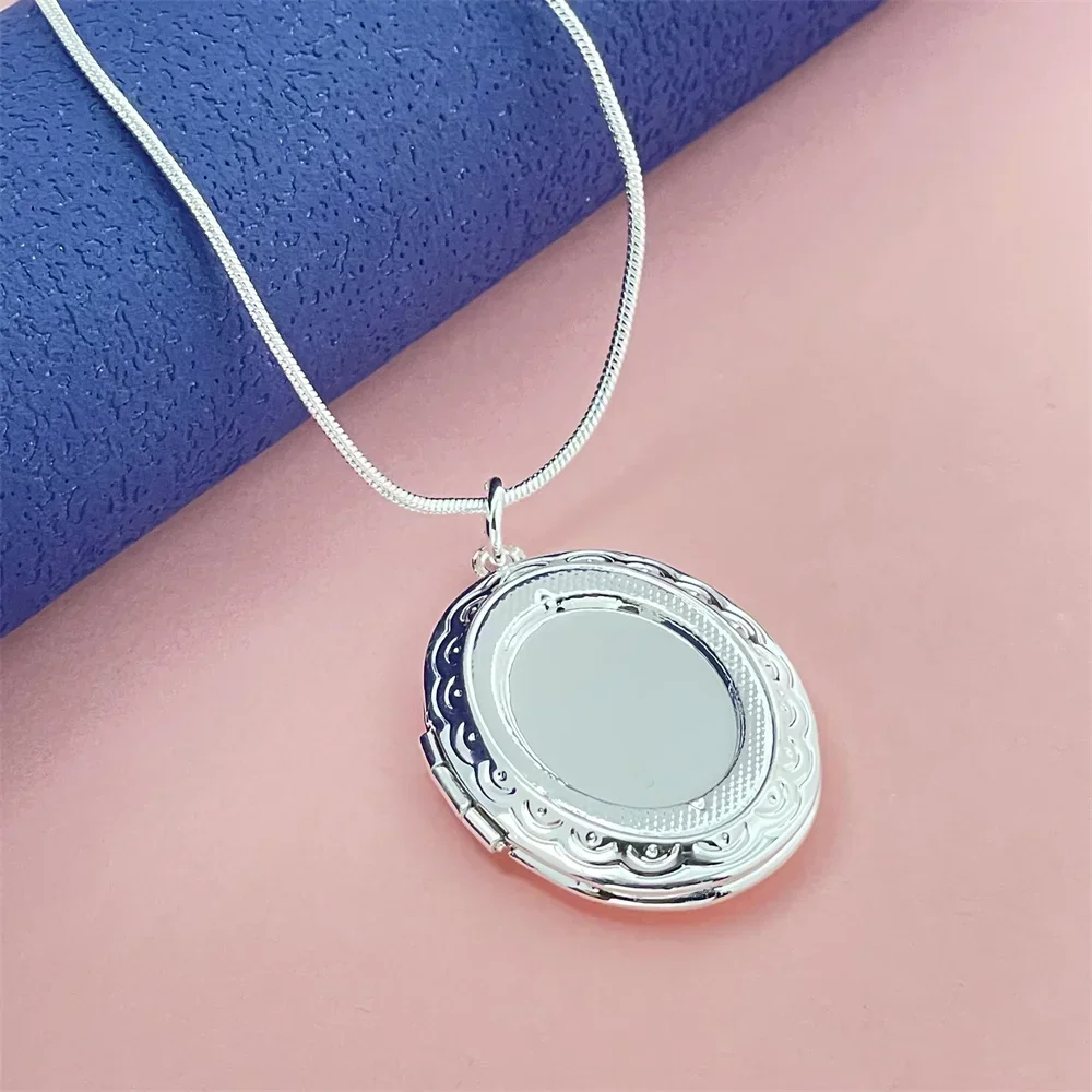 925 Silver Necklace Polished Oval Photo Frame Pendant, Suitable For Women's Daily Wear