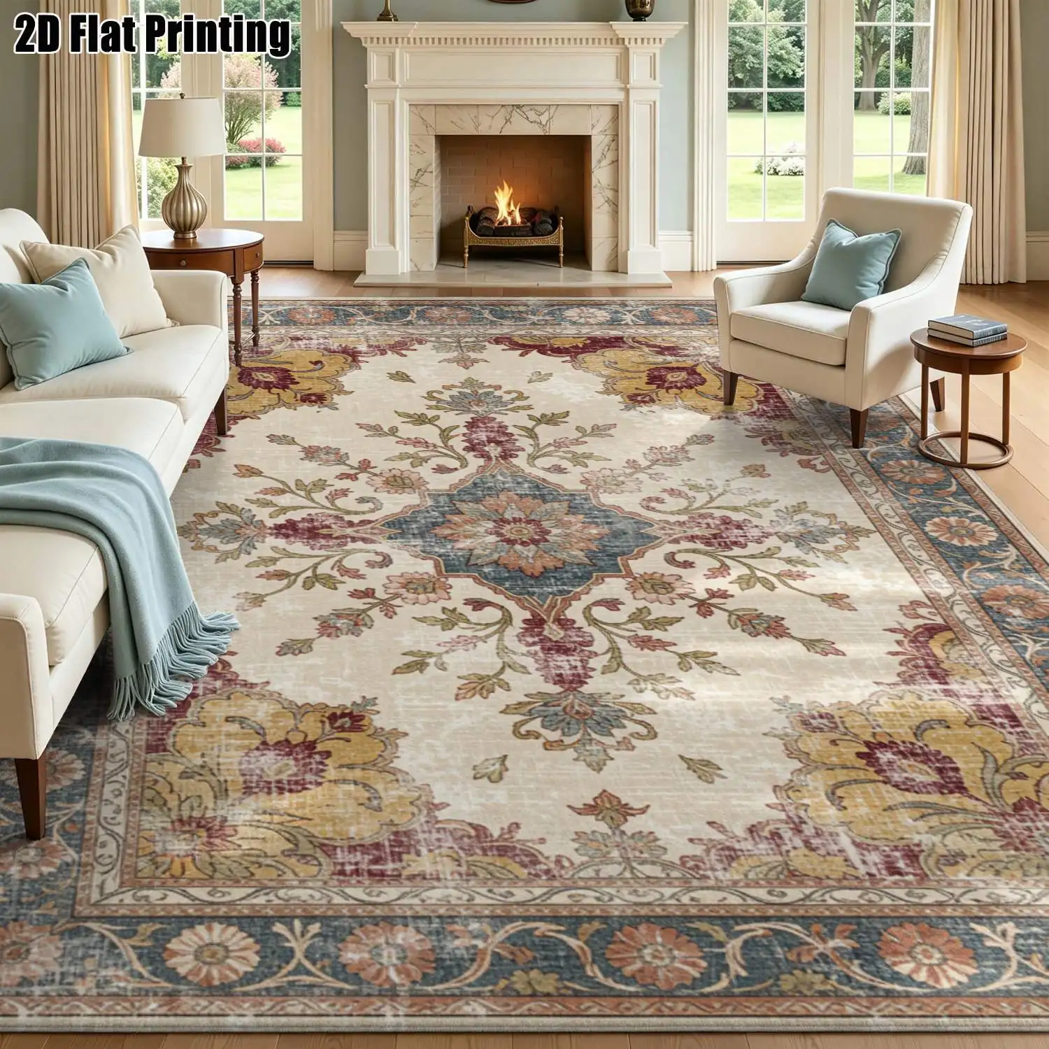 1Pc 2D Printed Carpet: Beige & White Retro Floral Pattern, European Style with Geometric & Bohemian Motifs Ideal Home Decor, Multi-Size, Machine Washable, for Entryway, Dining Room, Foyer, Bedroom, Living Room.