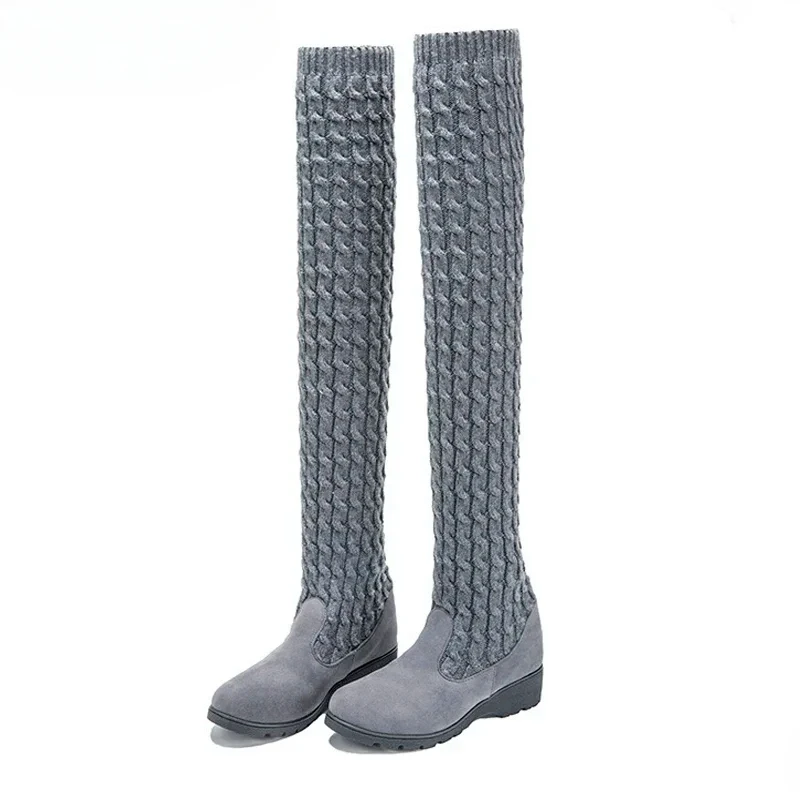 Cuissardes en laine à tissage ogo pour femmes, bottes chaussettes longues, bottes élastiques au genou, bottes compensées, printemps, automne, 2024