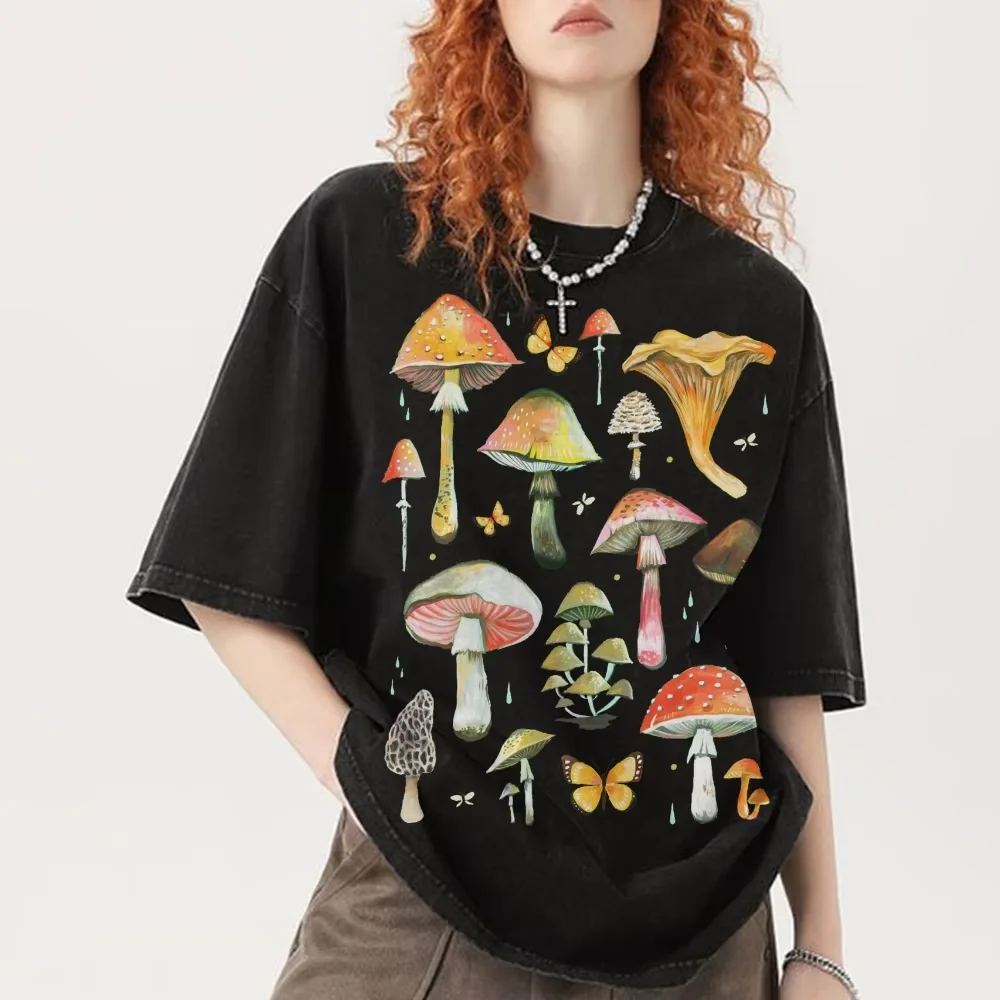 Retro Washed Shoulder T-Shirt Round Neck High Quality Pure Cotton Delicious Mushroom Print Fashion Summer New Short Sleeves