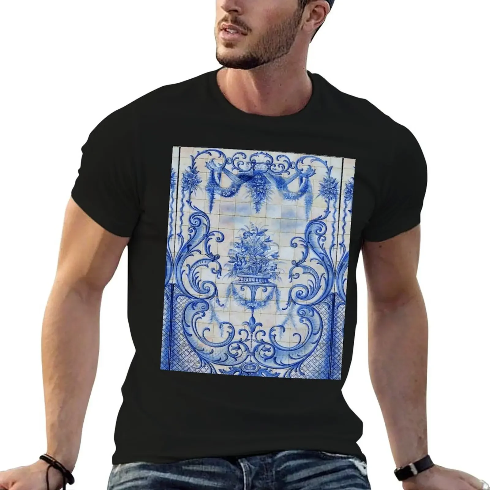 

Portuguese tiles azulejo pattern in blue and white T-Shirt anime customs design your own Aesthetic clothing men t shirts