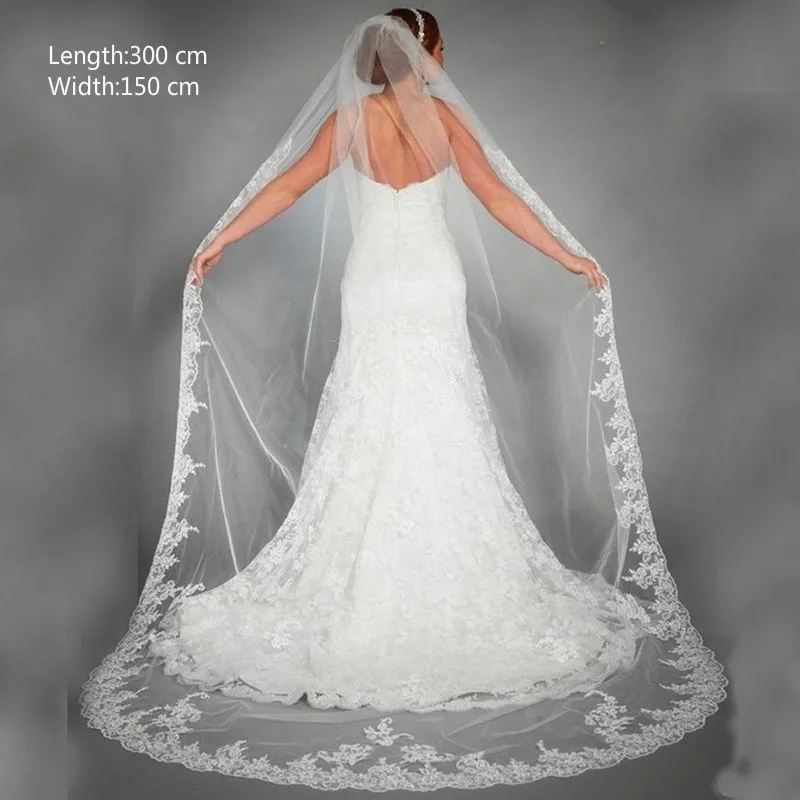 Elegante Hochzeit Zubehör Appliques Tüll Lange Kathedrale Hochzeit Schleier Spitze Rand 1T Braut Schleier 3 Meter Veu De Noiva longo