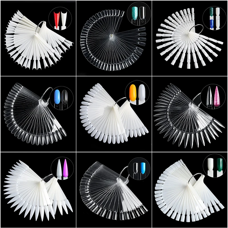 50PCS False Nails Tip Gel Nail Polish Color Chart Display Nature Clear Black Fan Shape Fake Nails Art Tool For Practice Manicure