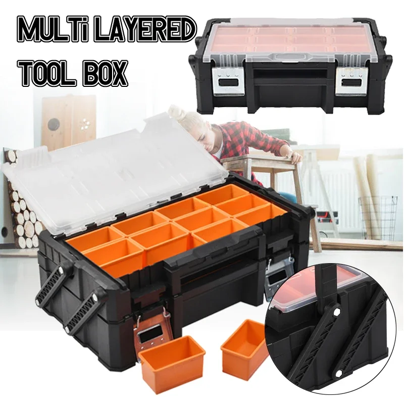 Portable Parts Storage Box Screws Organizer 2-layer Folding Tool Box Multi-grid Hardware Tool Storage Case Plastic Toolbox