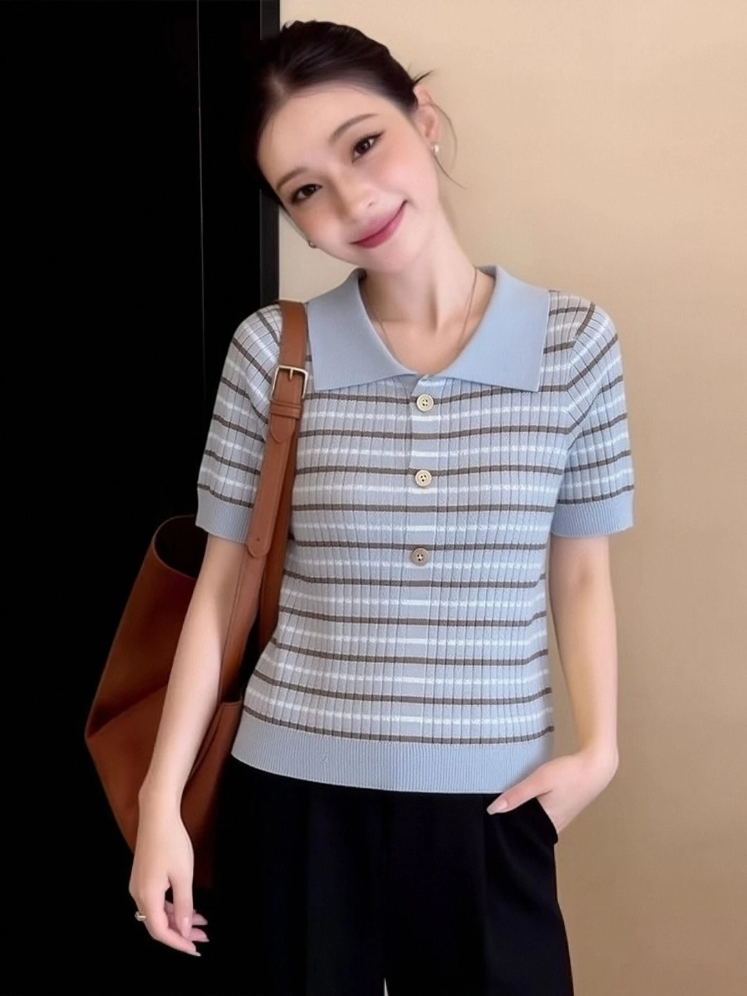 

Blue Striped Neck Knitted Shirt Short Sleeve Women's T-shirt Summer plus Size Fashionable Top for Plump MM Commute Style