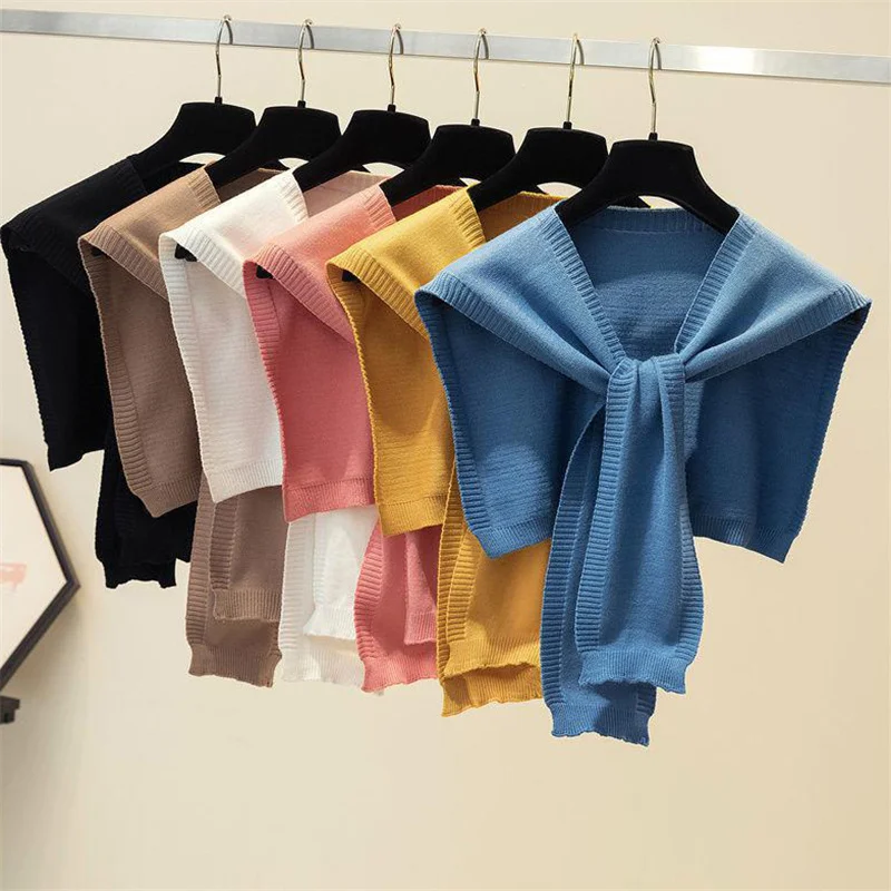 

Korean Knit Shawl Female Blouse Shoulders Fake Collar Cape Knotted Scarf Neck Guard Scarve For Women
