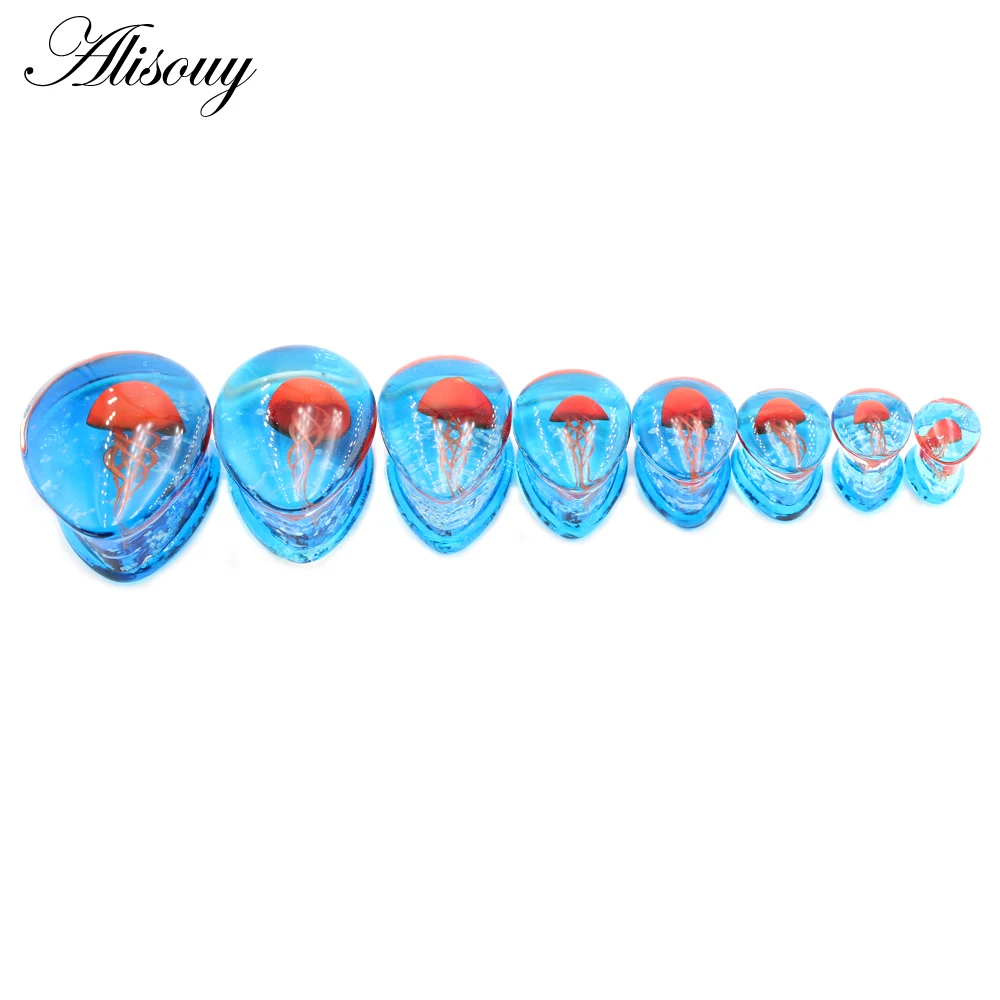 Alisouy 1PC Glass Galactic Orange Jellyfish Water Drop Ear Tunnel Plug Expanders Stretcher Gauges Earrings Piercing Body Jewelry