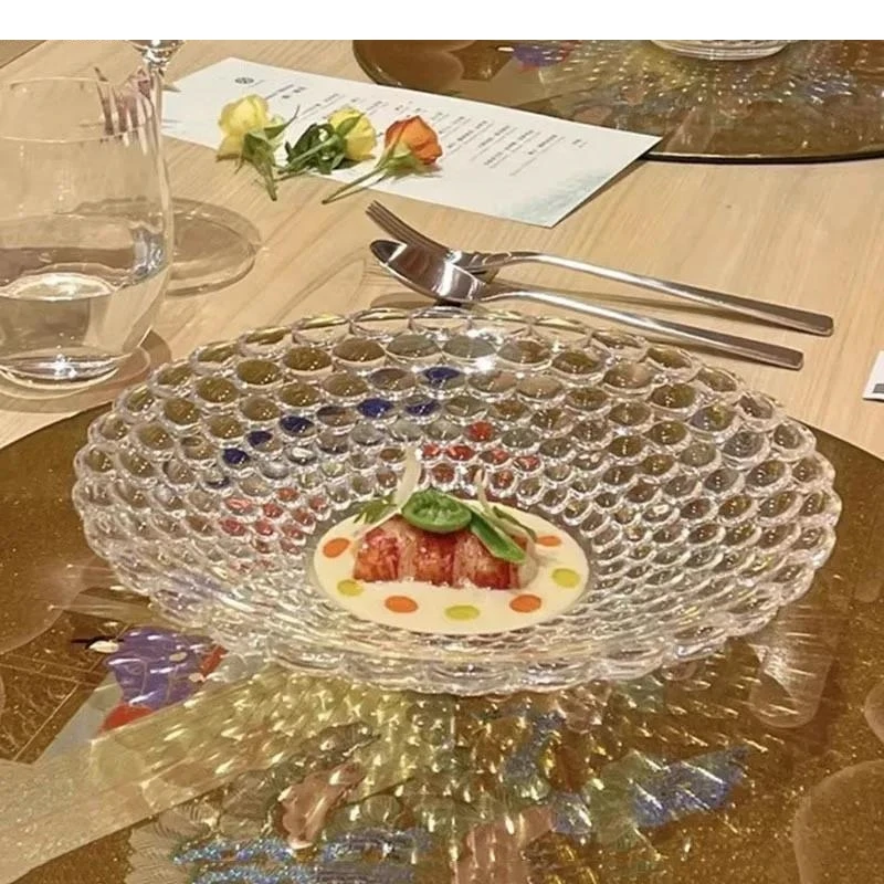 Transparent Glass Salad Plate Dessert Dish Thick Soup Bead Dot Dim Sum Molecular Cuisine Specialty Tableware