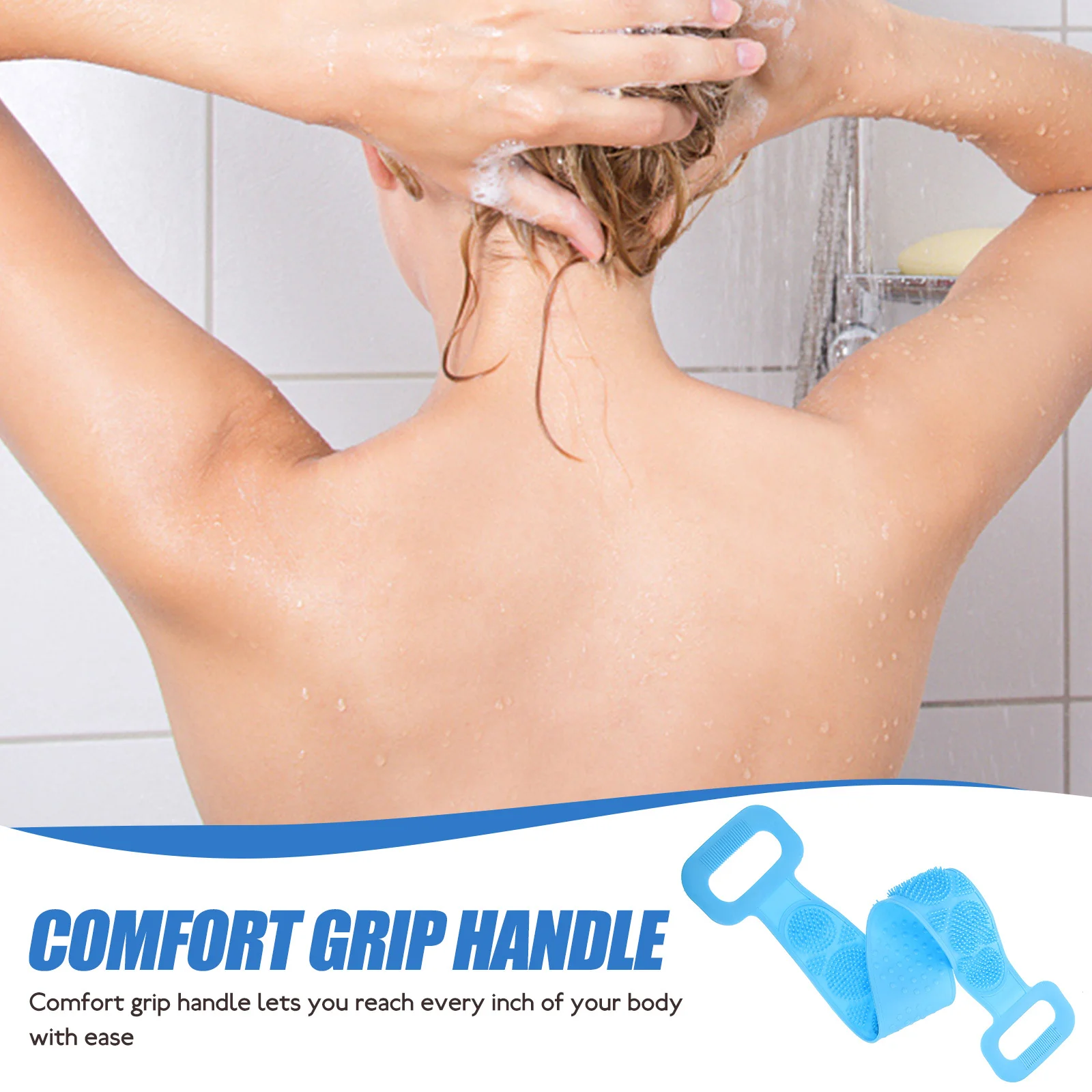 

Силиконовый ремень для ванны, синий двусторонний скребок для спины, массажер, очиститель, ремешок для душа, удобные ручки для спа-массажа, циркуляция