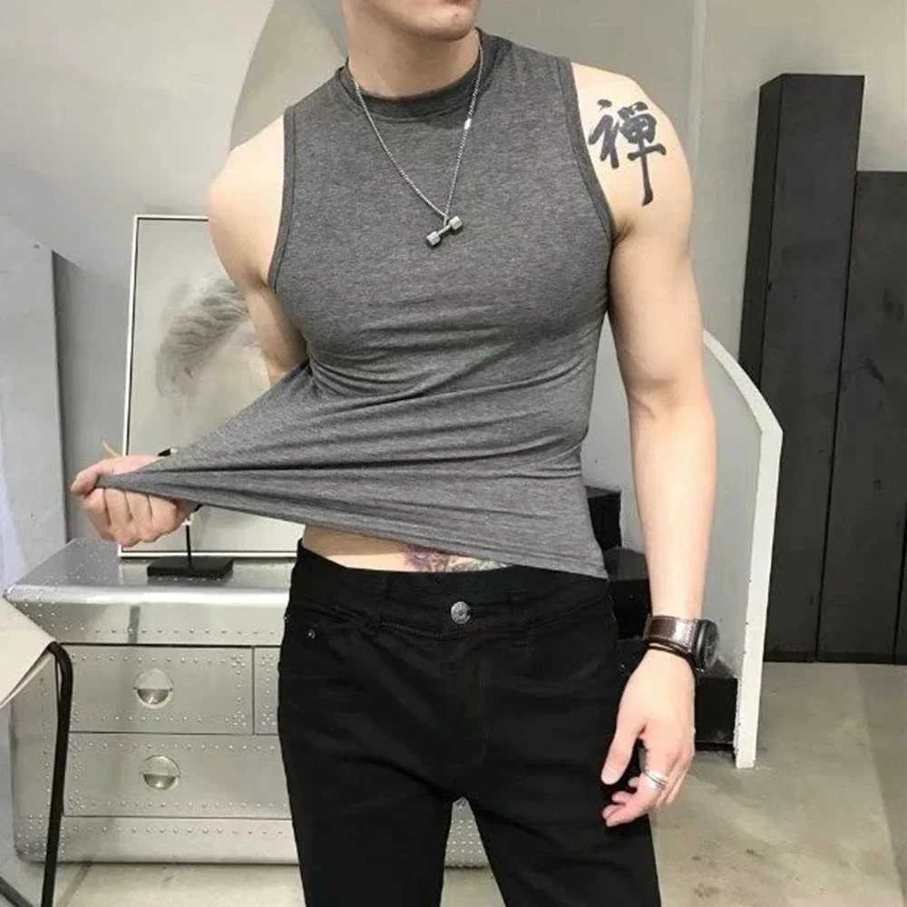 Summer Vest Men\'s Trend Tight Stand Collar Sleeveless Sexy T-shirt Top American Slim Fitness Stretch I-word Vest Bottoming Shirt