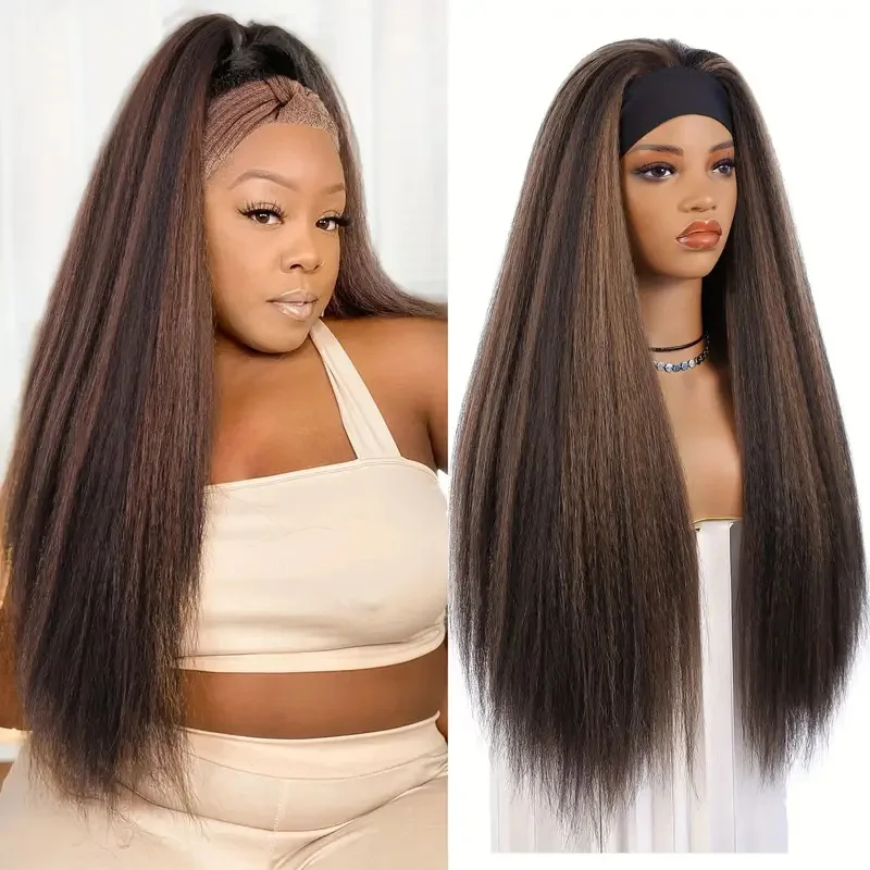 

Synthetic Yaki Texture Long Black Wig Middle Part Side Part Heat Resistant Fiber Hair for Women Daily Party Natural Look