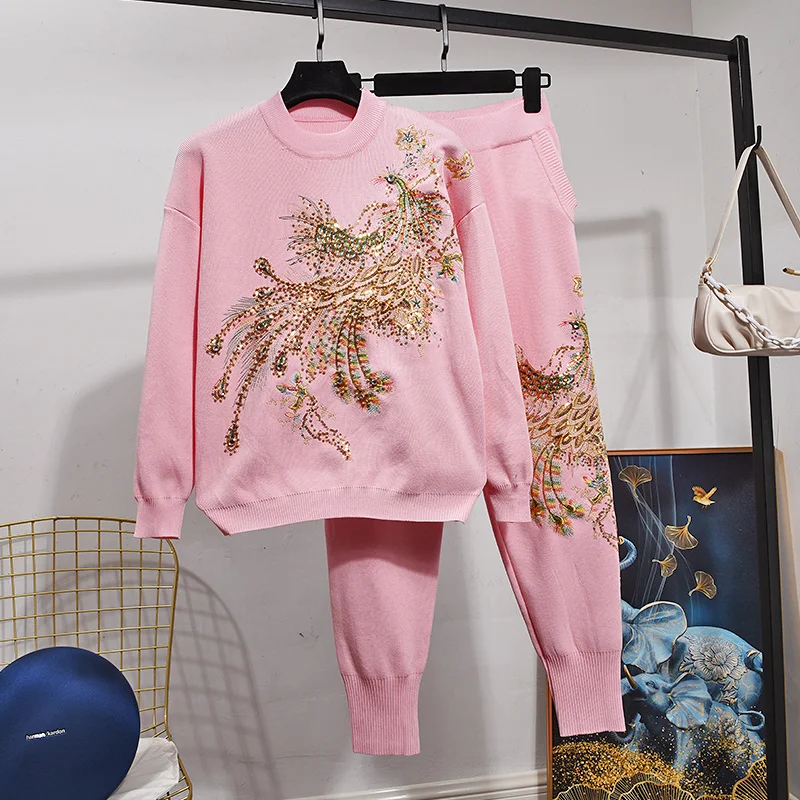 Beading Embroidery Phoenix Knitted Tracksuit Outfits Women Sweater Pencil Pants 2 Piece Set Red Pink Black Knitting Suit Female