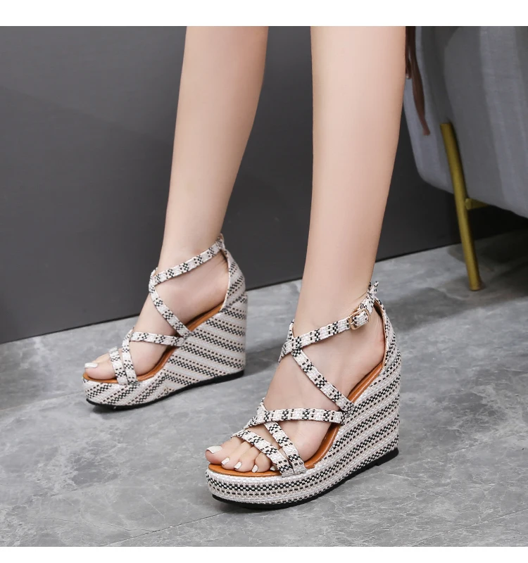 Size 30-45 Fashion New Super High Heel Wedge 15cm Heel Ethnic Style Cross Strap Small Size Platform Sandals Women Summer Shoes