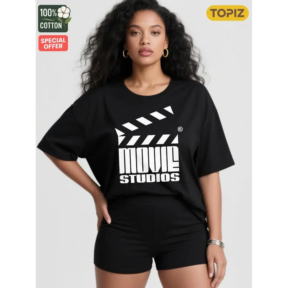 T-Shirt à manches courtes et col rond pour femme, haut décontracté, T-Shirt graphique, studios de films avec Design Clapboard, 1 pièce