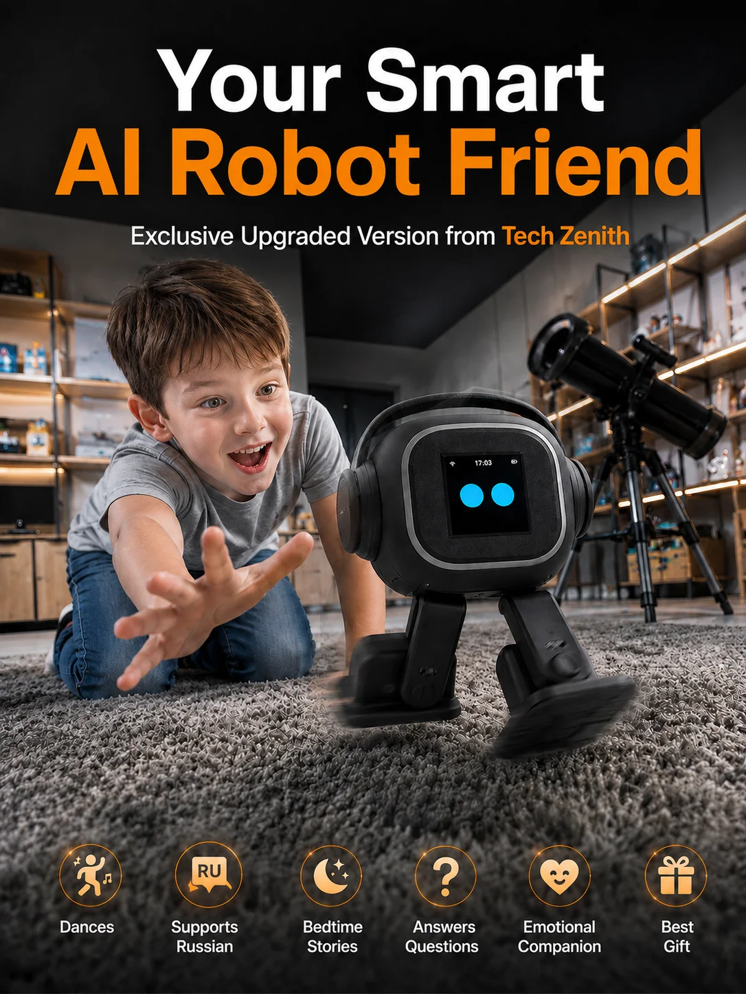EMO AI Robot with Expressions, Voice Companion, Storytelling and Dancing, Black, 2000mAh Battery