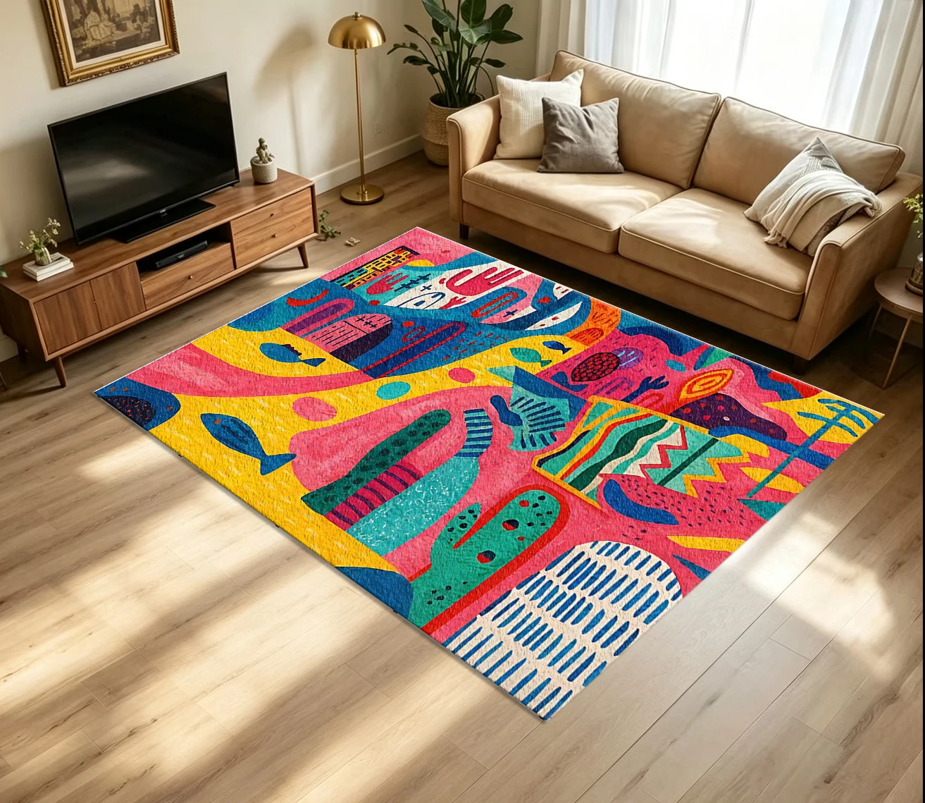 Bright-Colored Abstract Folk Urban Style Cactus Fish Art Carpet, Non-Slip and Washable Floor Rug Suitable for Playrooms, Creative Modern Home Decor