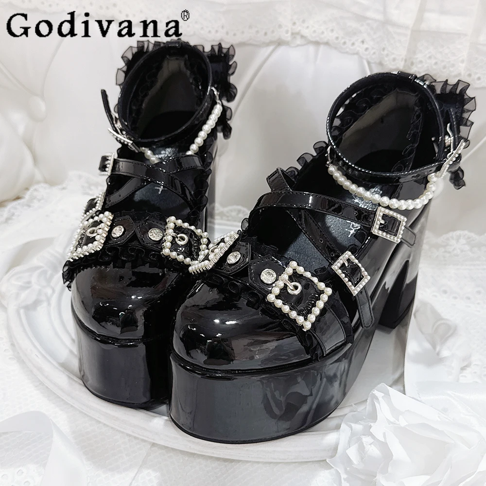 

Vintage Elegant Original Japanese Style Lolita High Heels Round Toe Chunky Heel Sweet Rhinestone Thick Sole Platform Shoes