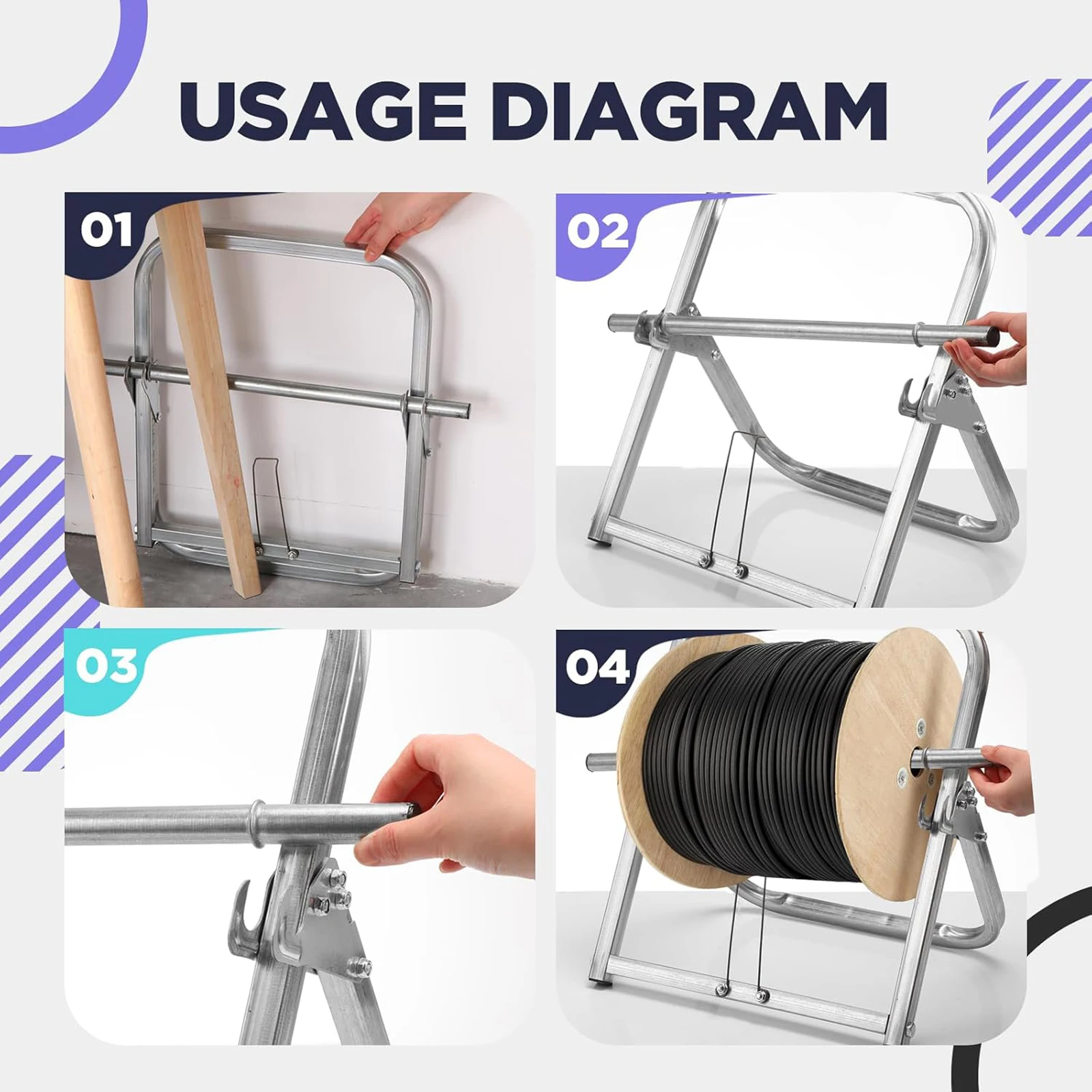 Steel Wire Spool Rack Foldable Spool Holder Wire Rack Multipurpose Wire Dispenser Single Axle Cord Storage Reel